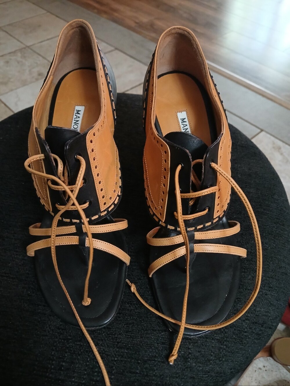 Manolo Blahnik Two-Tone Black and Tan Lace-Up Womens Sandals